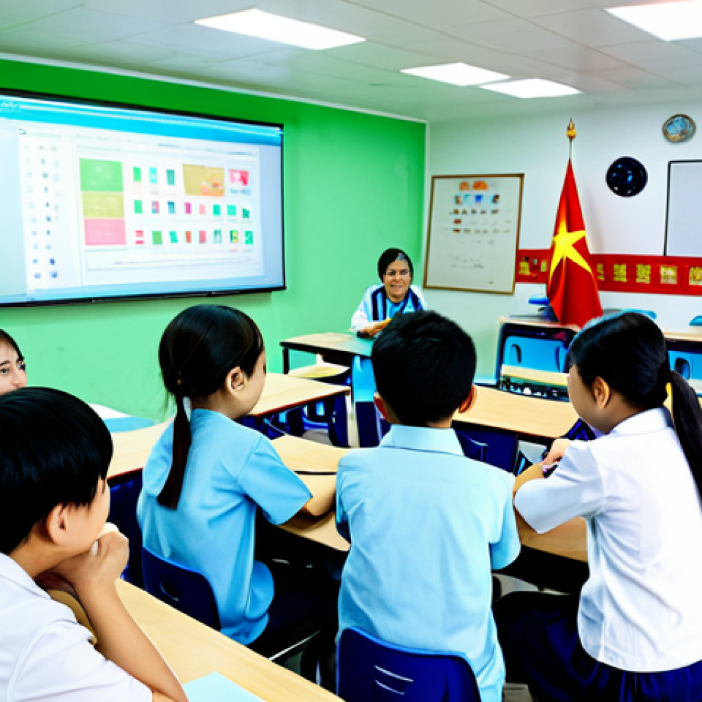 A group of Vietnamese students in a brightly lit classroom, working collaboratively on a game-based learning activity displayed on a large screen, fully clothed, appropriate content, safe for work, perfect anatomy, natural proportions, professional, family-friendly. The classroom features Vietnamese flags and posters promoting education.
