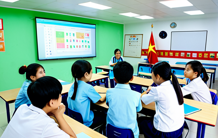 A group of Vietnamese students in a brightly lit classroom, working collaboratively on a game-based learning activity displayed on a large screen, fully clothed, appropriate content, safe for work, perfect anatomy, natural proportions, professional, family-friendly. The classroom features Vietnamese flags and posters promoting education.