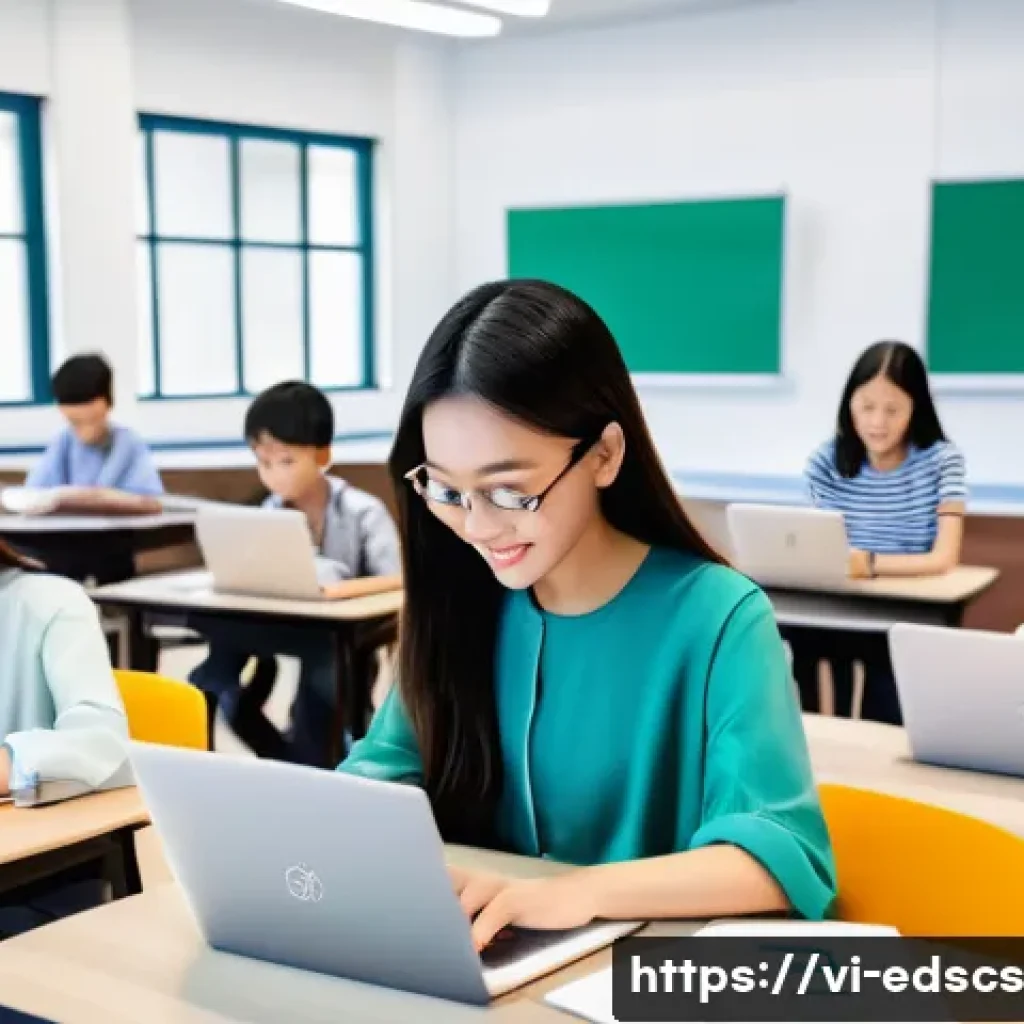 기술 기반 협업형 온라인 교육 모델 - A modern Vietnamese online learning environment featuring diverse students of various ages collabora...