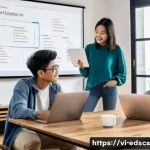 협업형 온라인 교육 플랫폼 추천 - A diverse group of young Vietnamese students in casual clothing collaborating enthusiastically in a ...