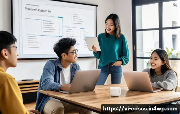 협업형 온라인 교육 플랫폼 추천 - A diverse group of young Vietnamese students in casual clothing collaborating enthusiastically in a ...