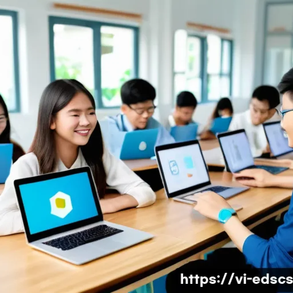 학생 주도 학습과 협업형 온라인 교육의 결합 - A vibrant Vietnamese online classroom scene featuring diverse students aged 15-18 actively engaged i...