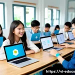 학생 주도 학습과 협업형 온라인 교육의 결합 - A vibrant Vietnamese online classroom scene featuring diverse students aged 15-18 actively engaged i...