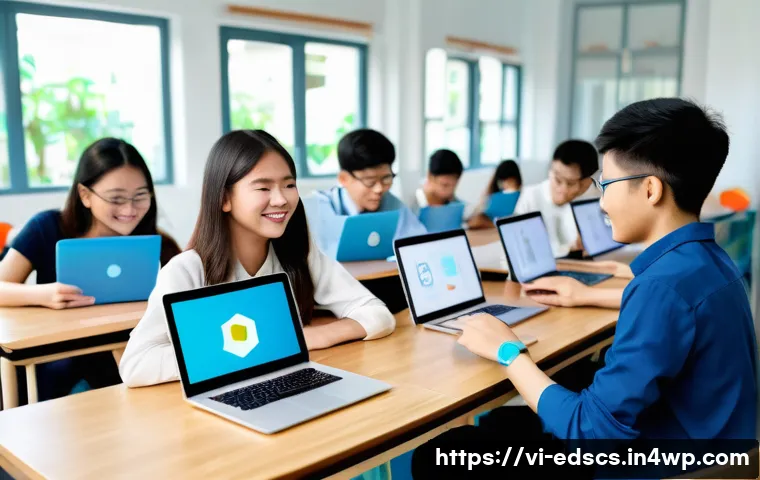 학생 주도 학습과 협업형 온라인 교육의 결합 - A vibrant Vietnamese online classroom scene featuring diverse students aged 15-18 actively engaged i...