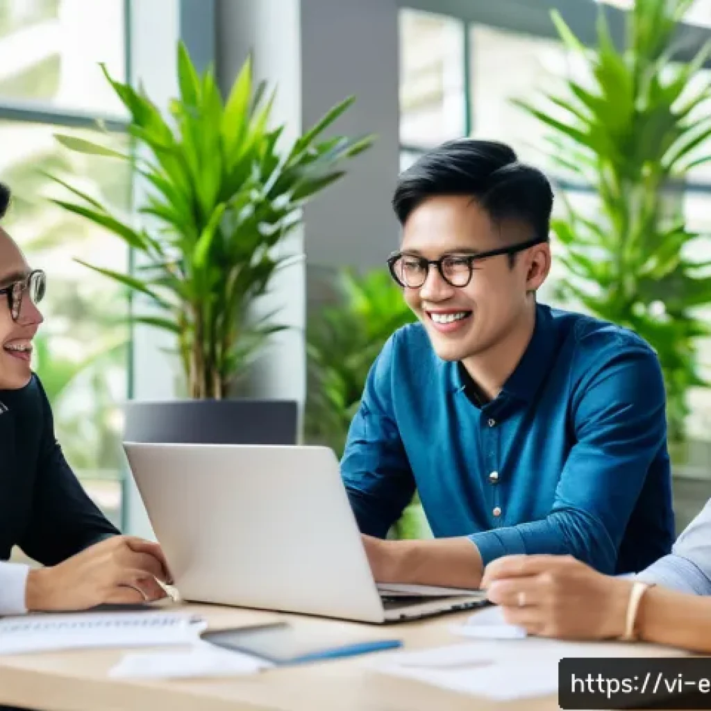 협업형 온라인 교육의 성공을 위한 리더십 팁 - A modern Vietnamese office environment showing a diverse group of young professionals actively engag...