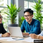 협업형 온라인 교육의 성공을 위한 리더십 팁 - A modern Vietnamese office environment showing a diverse group of young professionals actively engag...