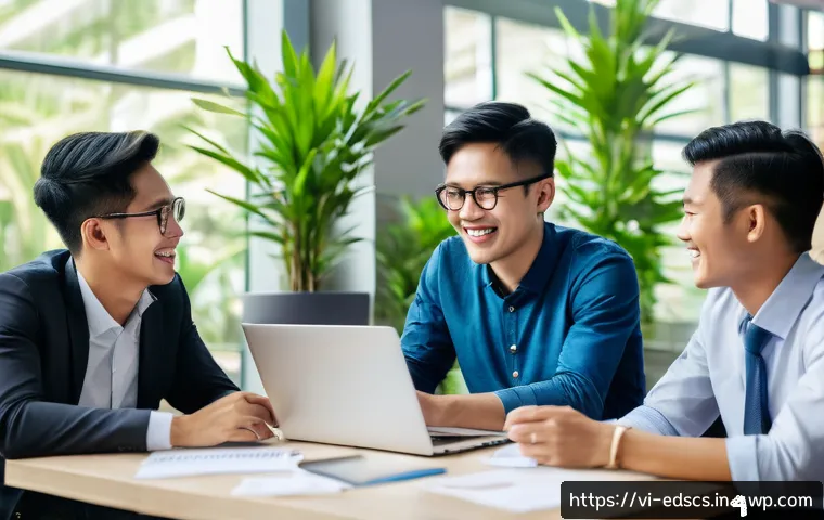 협업형 온라인 교육의 성공을 위한 리더십 팁 - A modern Vietnamese office environment showing a diverse group of young professionals actively engag...