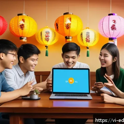 협업형 온라인 교육에서의 동기 부여 기법 - A vibrant online study group scene featuring diverse young Vietnamese students engaging enthusiastic...