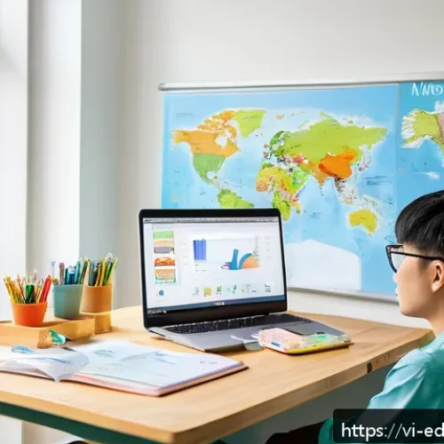 협업형 온라인 교육의 이해를 돕는 그래픽 자료 - A modern online study environment featuring a Vietnamese young adult student sitting at a clean desk...