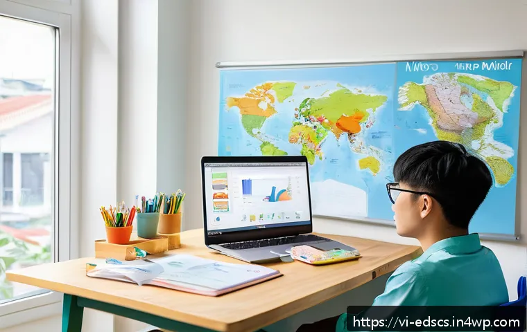 협업형 온라인 교육의 이해를 돕는 그래픽 자료 - A modern online study environment featuring a Vietnamese young adult student sitting at a clean desk...